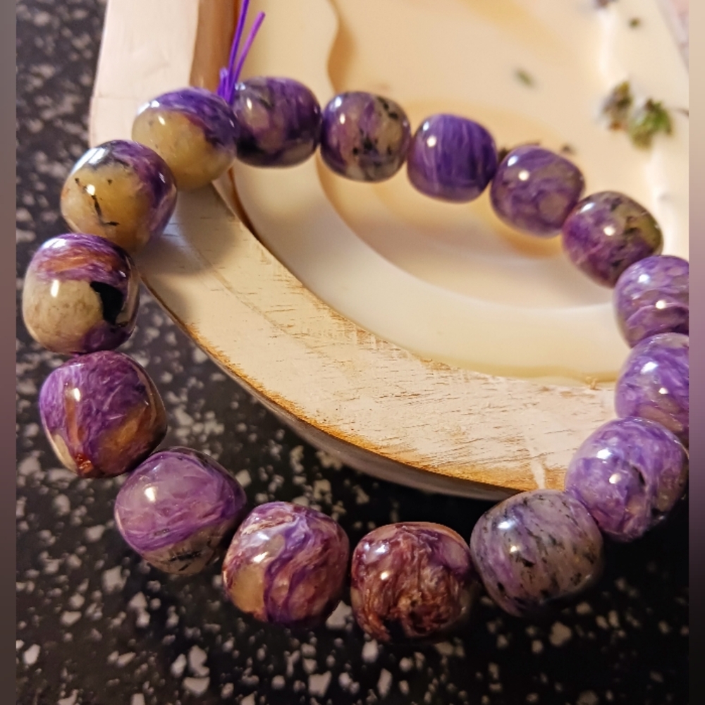 Charoite 11mm Beaded Bracelet, 6"-7.5" wrist